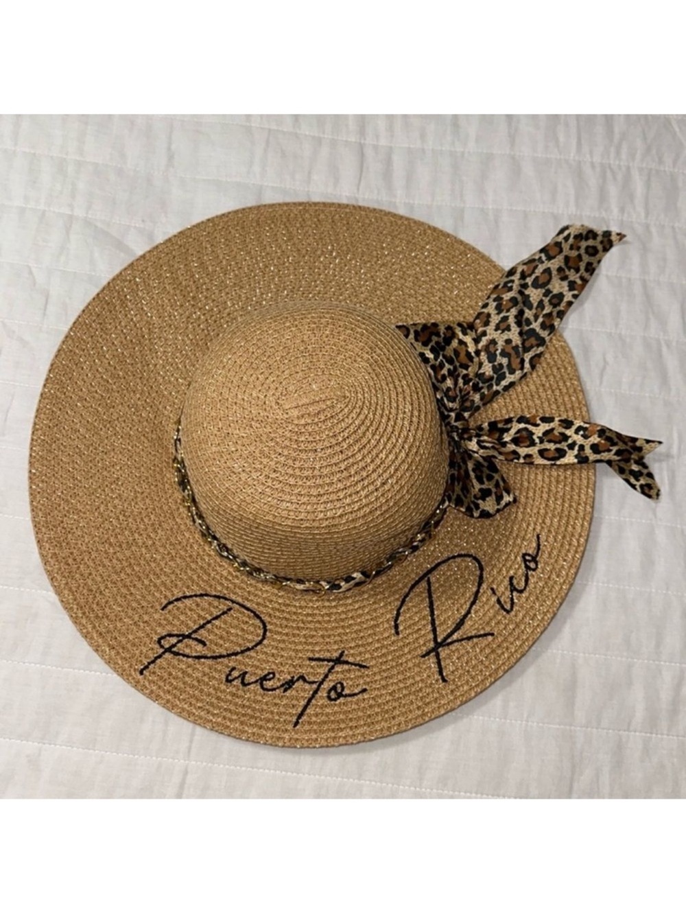 Tan Leopard Gold Tone Chain Scarf Puerto Rico Floppy Hat